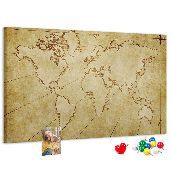 Prikbord met een oude wereldkaart met continenten