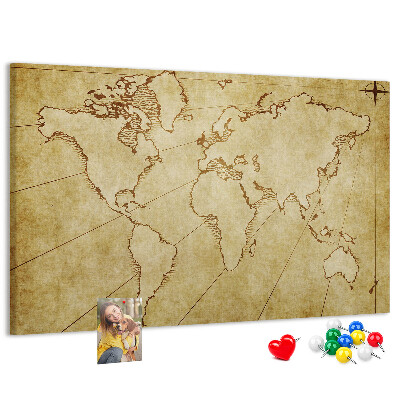 Prikbord met een oude wereldkaart met continenten