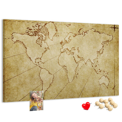 Prikbord met een oude wereldkaart met continenten