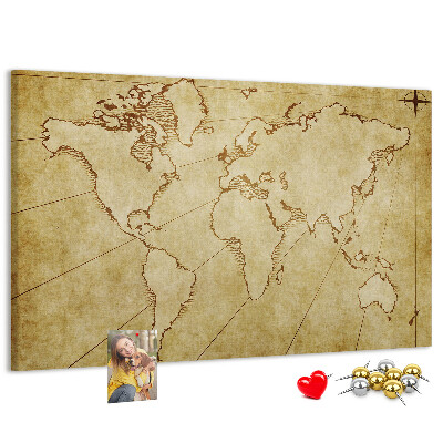 Prikbord met een oude wereldkaart met continenten