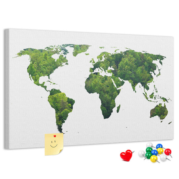 Kurkbord met een groene wereldkaart inclusief vegetatie