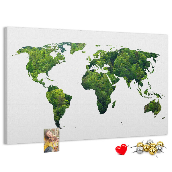 Kurkbord met een groene wereldkaart inclusief vegetatie