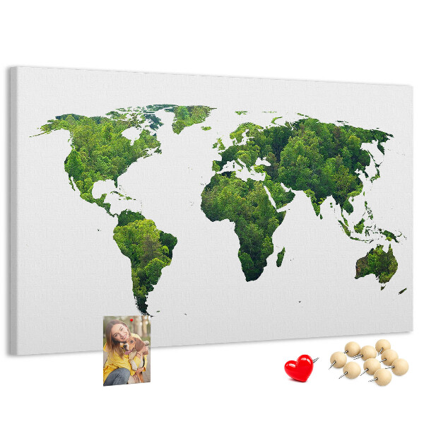 Kurkbord met een groene wereldkaart inclusief vegetatie