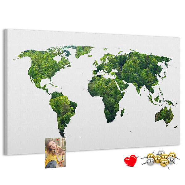 Kurkbord met een groene wereldkaart inclusief vegetatie