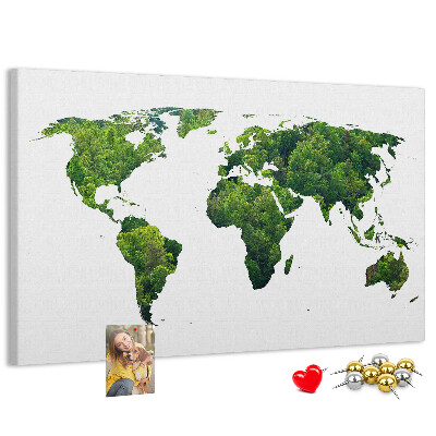 Kurkbord met een groene wereldkaart inclusief vegetatie