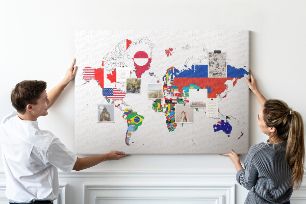 Kurkbord wereldkaart met landvlaggen