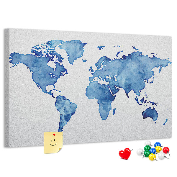 Wereldkaart van blauwe aquarelverf kurkbord