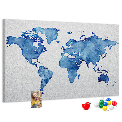 Wereldkaart van blauwe aquarelverf kurkbord