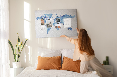 Wereldkaart van blauwe aquarelverf kurkbord