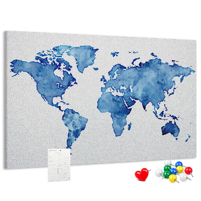 Wereldkaart van blauwe aquarelverf kurkbord