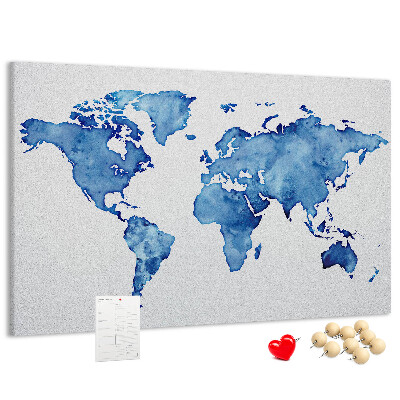 Wereldkaart van blauwe aquarelverf kurkbord