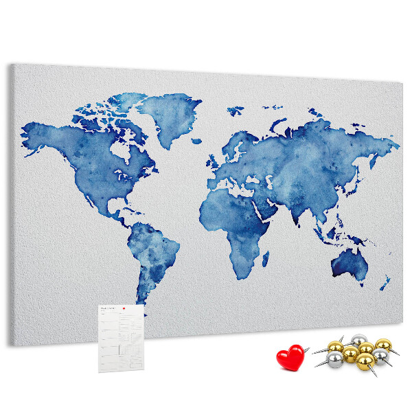Wereldkaart van blauwe aquarelverf kurkbord