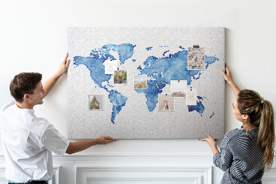 Wereldkaart van blauwe aquarelverf kurkbord