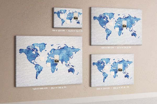 Wereldkaart van blauwe aquarelverf kurkbord