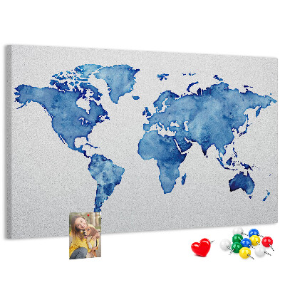 Wereldkaart van blauwe aquarelverf kurkbord