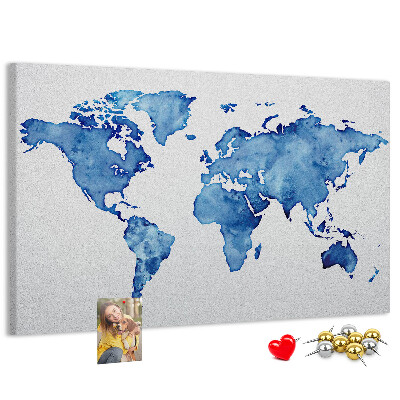 Wereldkaart van blauwe aquarelverf kurkbord