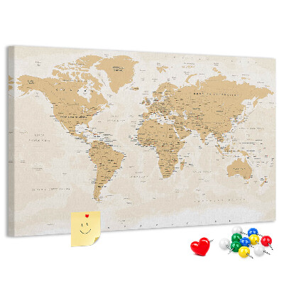 Kurkbord wereldkaart met locatieaanduidingen