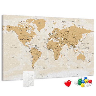 Kurkbord wereldkaart met locatieaanduidingen