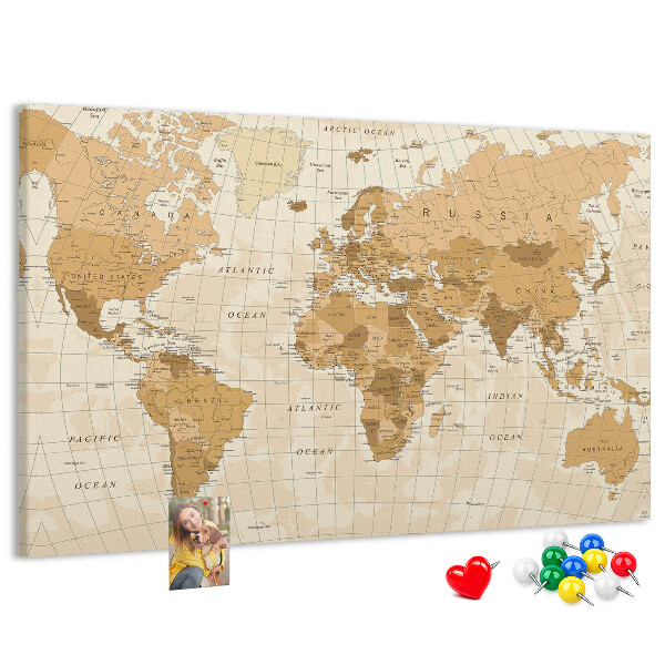 Kurk prikbord met een oude wereldkaart in bruintinten