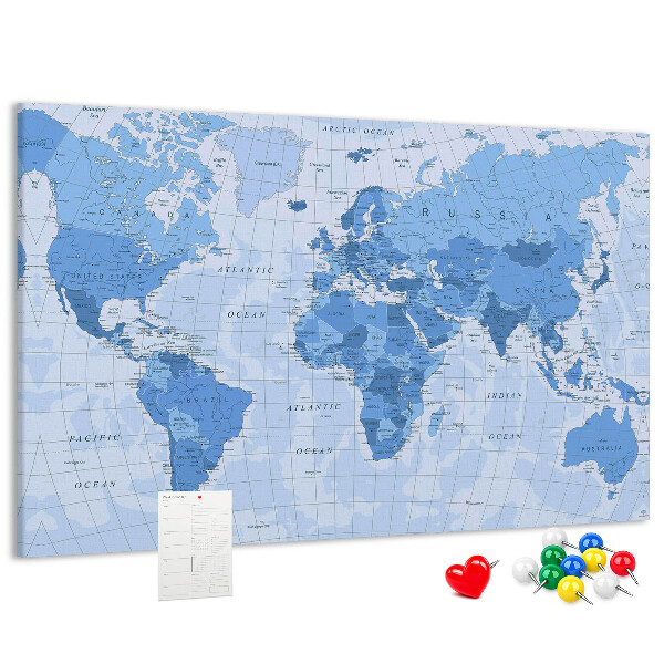 Prikbord wereldkaart in verschillende blauwtinten