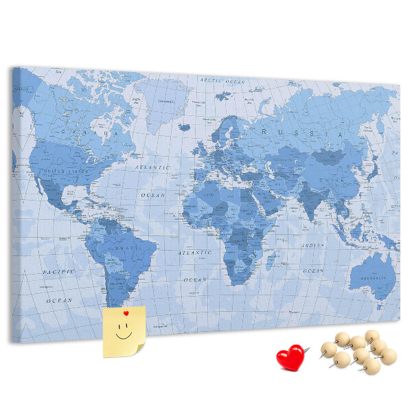 Prikbord wereldkaart in verschillende blauwtinten