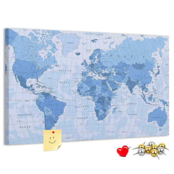 Prikbord wereldkaart in verschillende blauwtinten