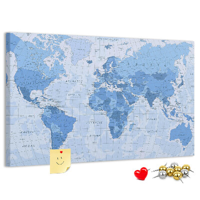 Prikbord wereldkaart in verschillende blauwtinten