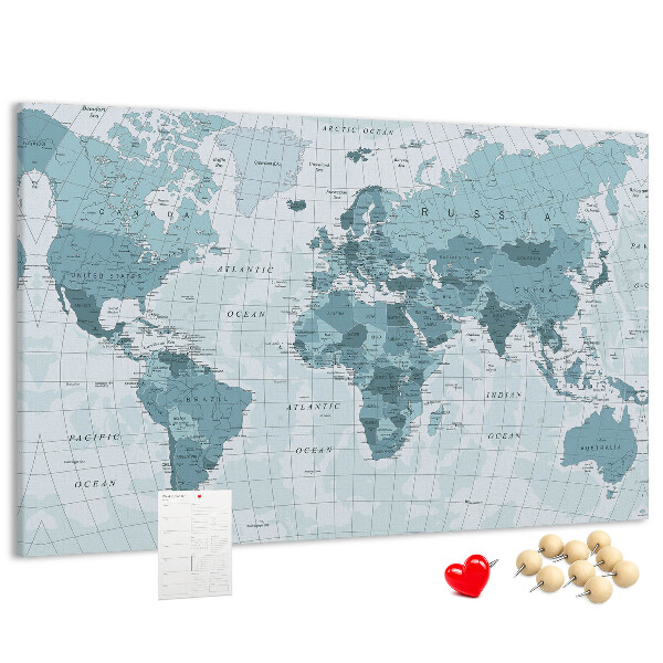 Prikbord wereldkaart in verschillende blauwtinten