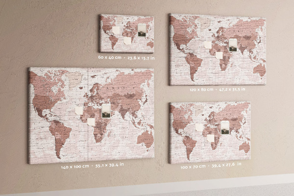 Kurkbord wereldkaart in verschillende tinten roze