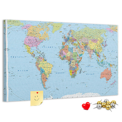 Kurkbord wereldkaart met gekleurde continenten