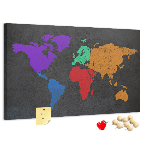 Prikbord wereldkaart in kleur op een donkere achtergrond