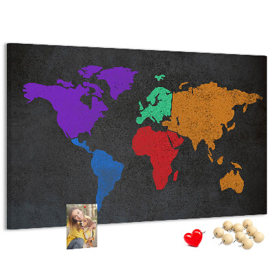 Prikbord wereldkaart in kleur op een donkere achtergrond