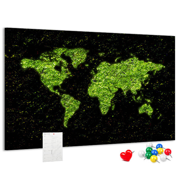 Kurken prikbord met een groene wereldkaart op een zwarte achtergrond