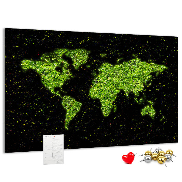 Kurken prikbord met een groene wereldkaart op een zwarte achtergrond