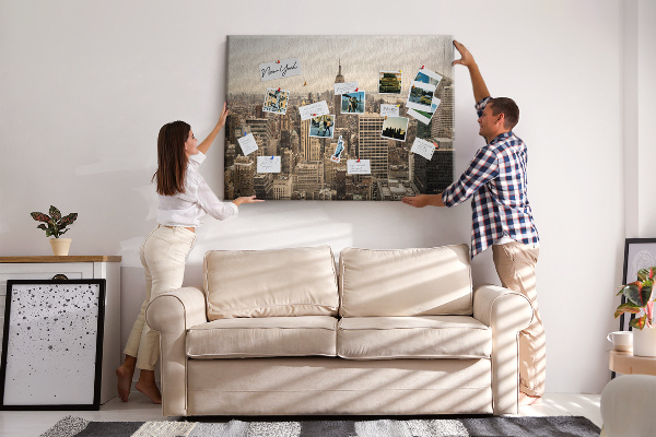 Prikbord met de skyline van New York en wolkenkrabbers