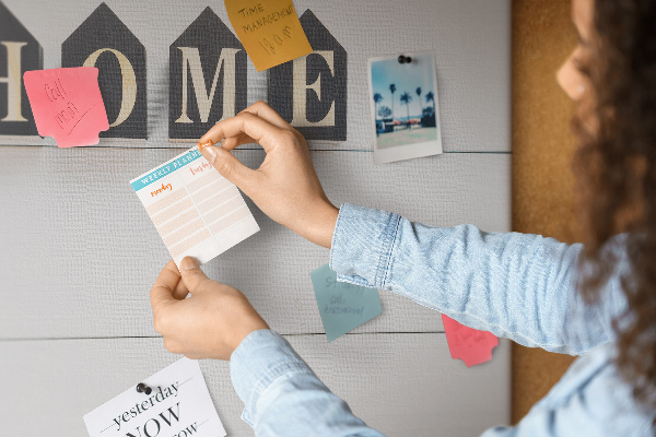 Kurkbord met stijlvolle letters op een houten achtergrond