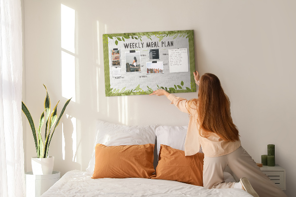 Kurken prikbord maaltijdplanner met groen bladmotief
