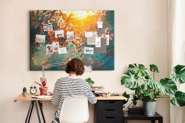 Prikbord bloeiende takken in het ochtendlicht