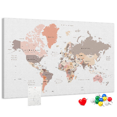 Prikbord wereldkaart in ingetogen kleuren