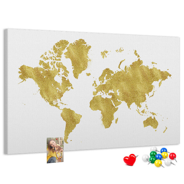 Kurkbord wereldkaart in goud op een witte achtergrond
