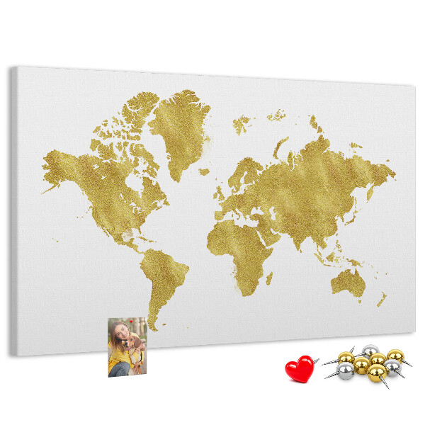 Kurkbord wereldkaart in goud op een witte achtergrond
