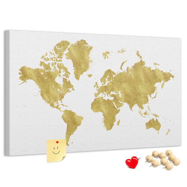 Kurkbord wereldkaart in goud op een witte achtergrond
