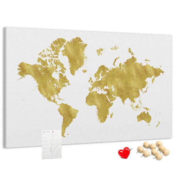 Kurkbord wereldkaart in goud op een witte achtergrond
