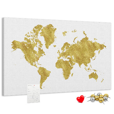 Kurkbord wereldkaart in goud op een witte achtergrond
