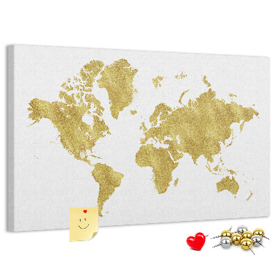 Kurkbord wereldkaart in goud op een witte achtergrond