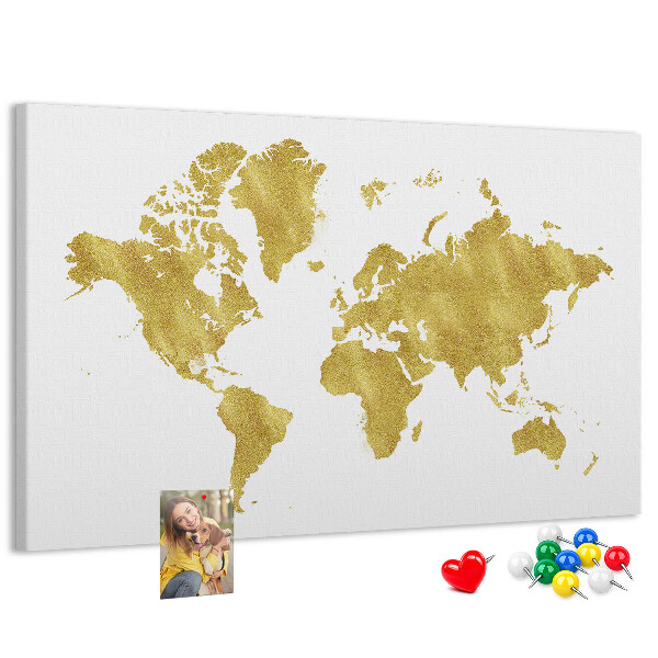 Kurkbord wereldkaart in goud op een witte achtergrond