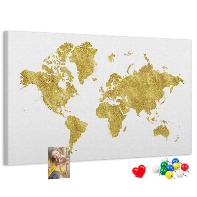 Kurkbord wereldkaart in goud op een witte achtergrond