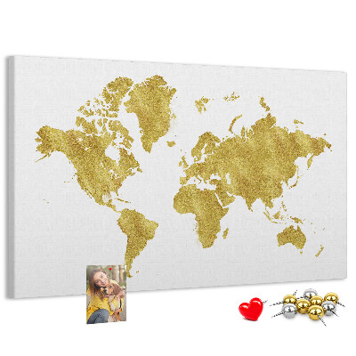 Kurkbord wereldkaart in goud op een witte achtergrond