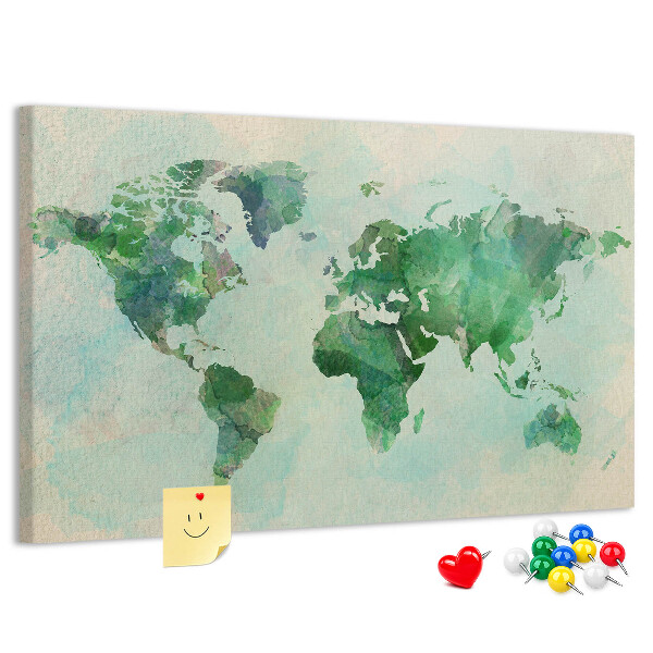 Kurk prikbord met groene aquarel wereldkaart
