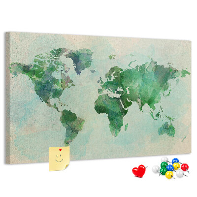 Kurk prikbord met groene aquarel wereldkaart
